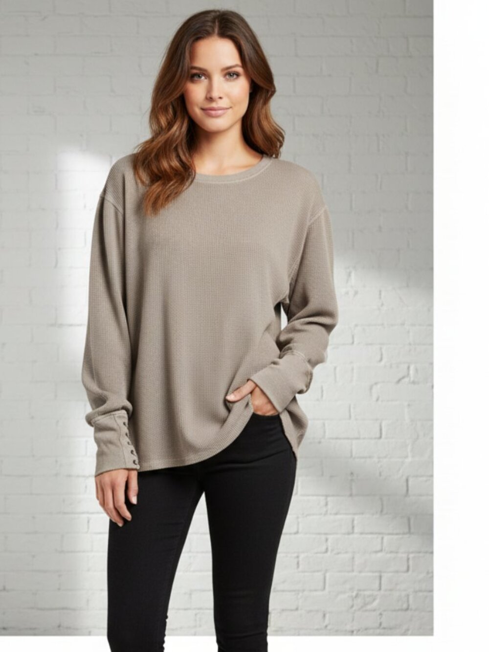 We The Free Lapis Cuff Crew Neck Long Sleeve Tee Tan Med Boho Casual Top